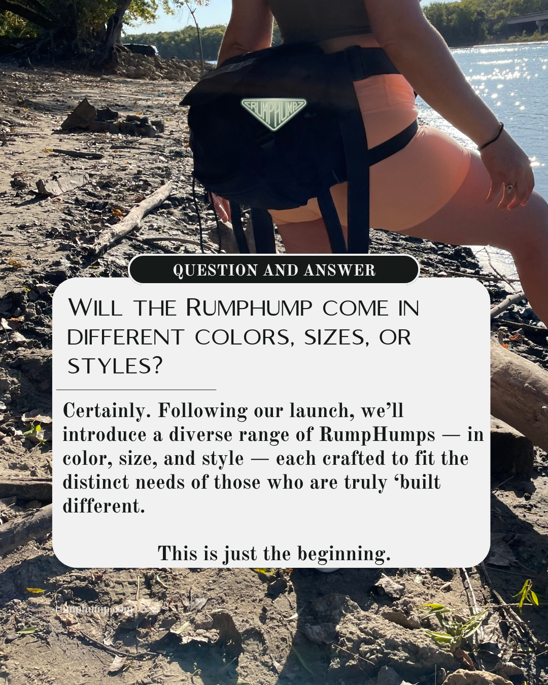 Person sitting on a log by a body of water with text overlay about RumpHumps product range.