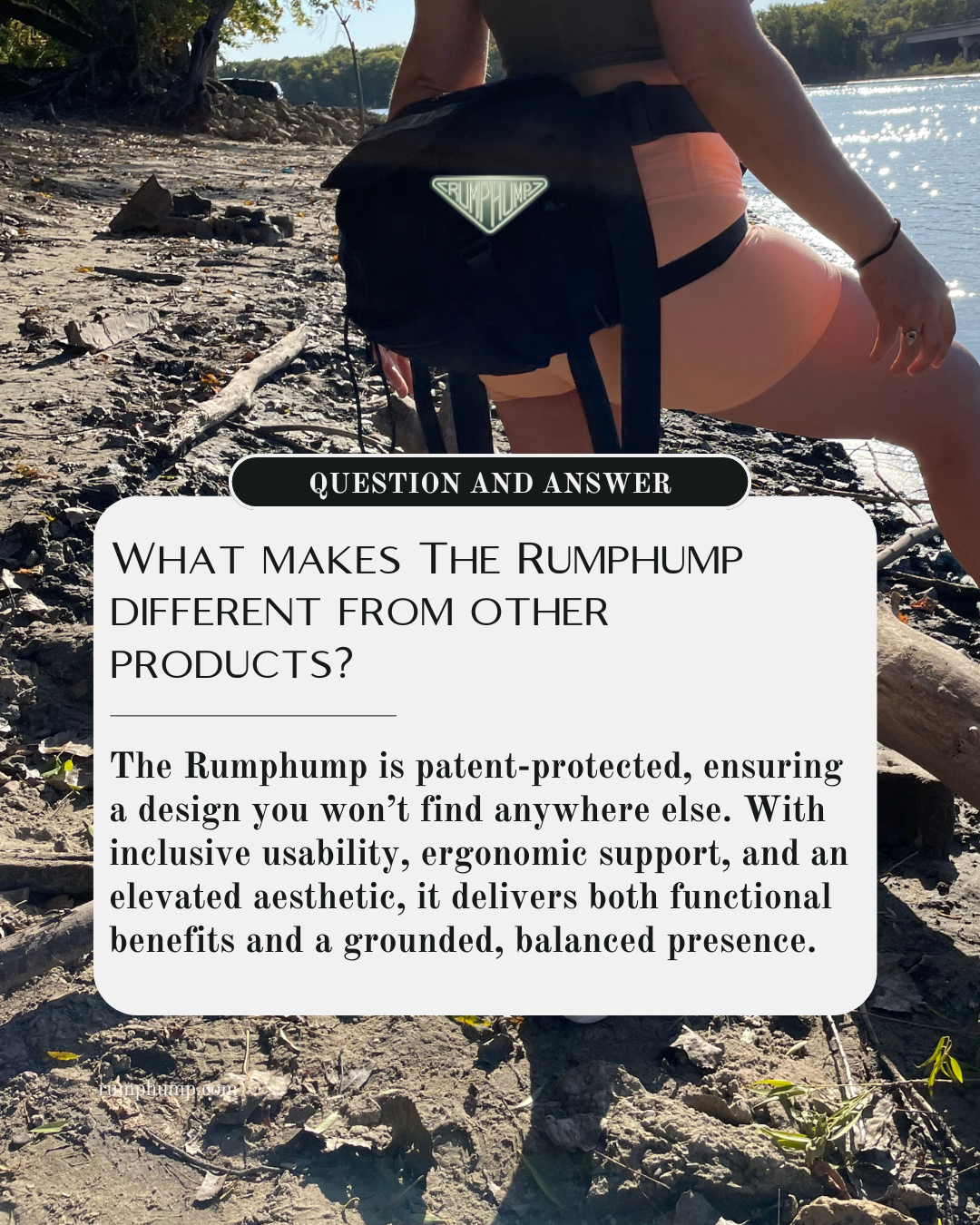 Person wearing a Rumphump product on a natural background with text explaining its features.