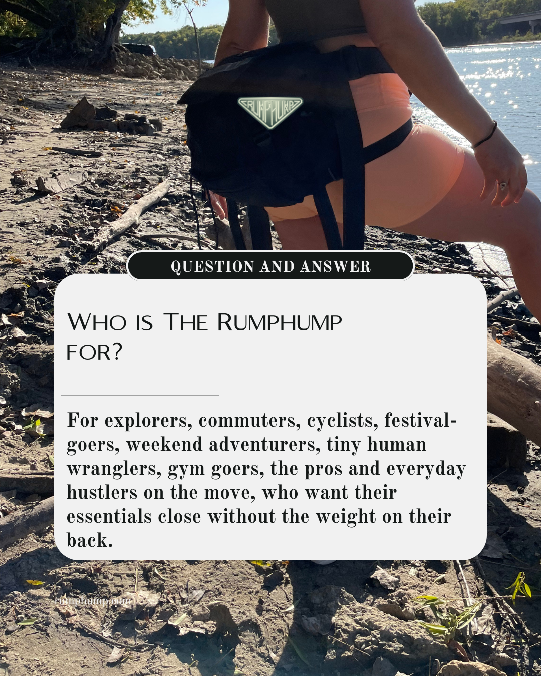 Person sitting on a log by a body of water with text overlay about the Rumphump product.