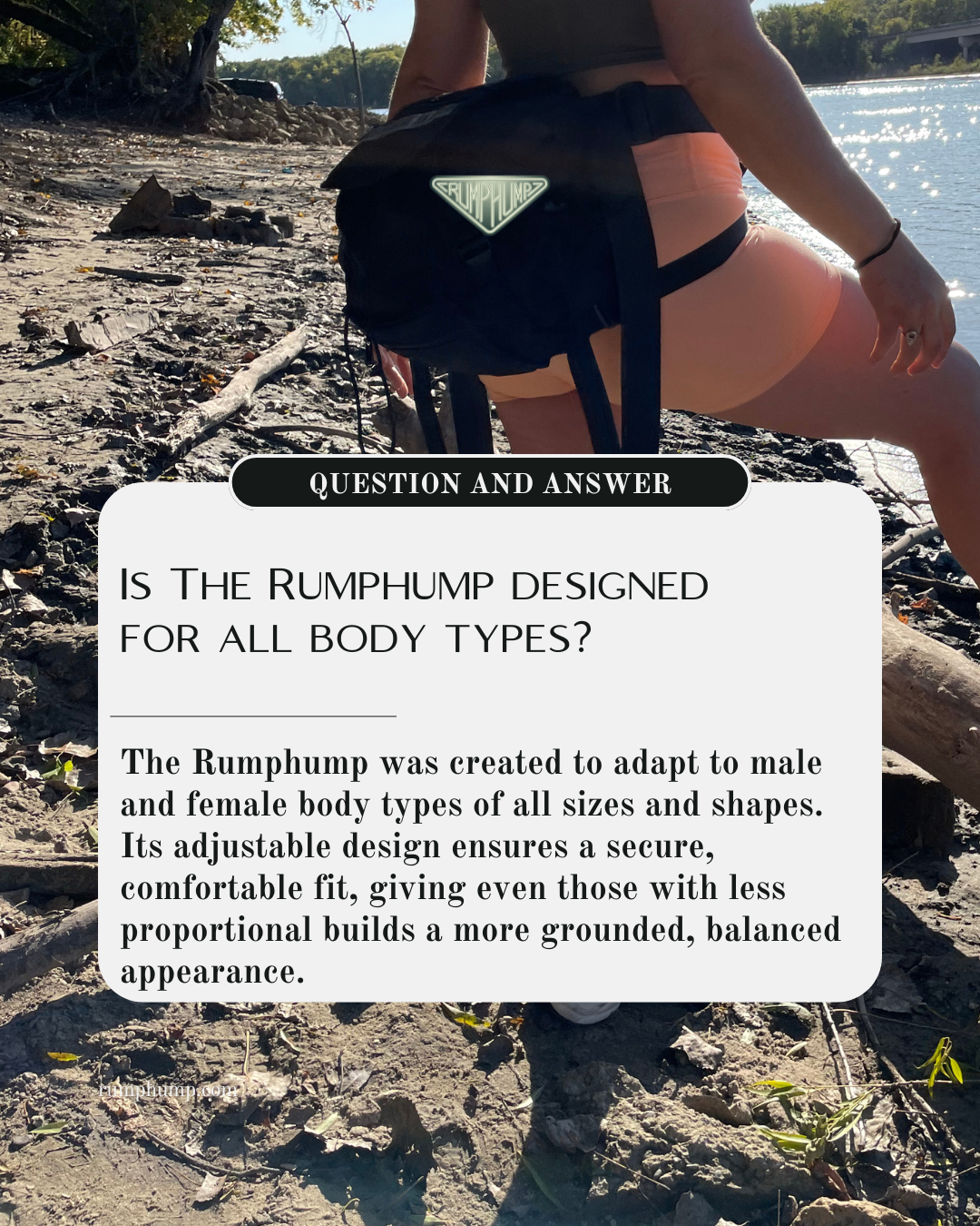 Person wearing a Rumphump product by a body of water with text overlay.